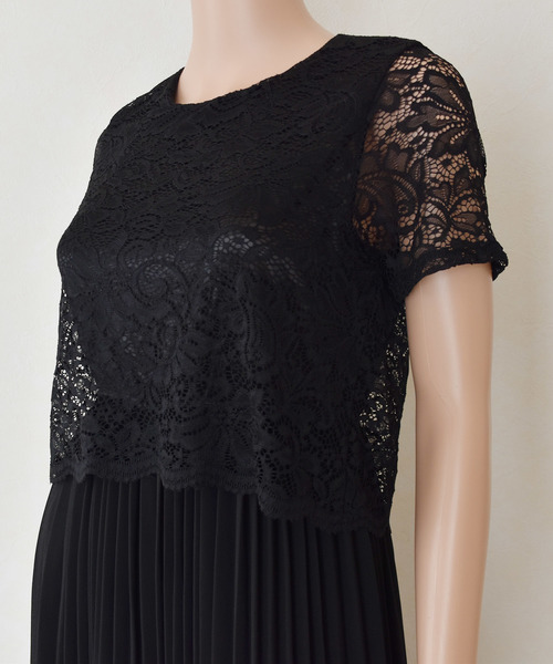 DRESY　プリースカート　半袖　ドレスワンピース Lace Ladies ドレス セットアップ風レース半袖×プリーツロング