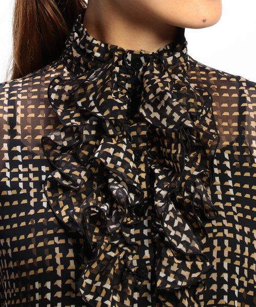 NARACAMICIE（ナラカミーチェ）の「ジオメトリックプリントシフォンフリル長袖ブラウス（シャツ/ブラウス・レディース・ブラック/パープル・SMALL/MEDIUM/LARGE）」の5枚目の写真