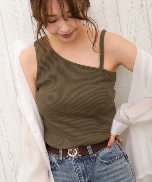 SpRay(スプレイ)の「アシメキャミタンク(タンクトップ・レディース・アイボリー/グレイッシュベージュ/ブラック/ダークブラウン/モカ/カーキ/グリーン/レンガ/ミント・FREE)」の7枚目の写真