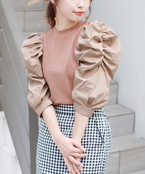 one after another NICE CLAUP（ワンアフターアナザーナイスクラップ）の「七分袖コンシャステレコトップス（Tシャツ/カットソー・レディース・ブラック/モカ/ブラック系その他/ライトベージュ・FREE）」の4枚目の写真