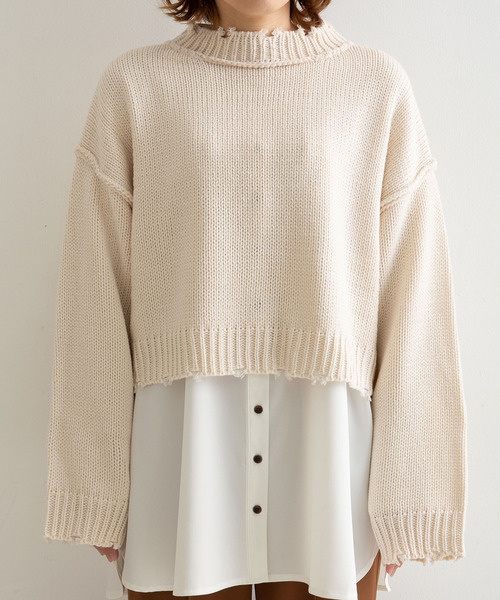 rectangle（レクタングル）の「ダメージクロップドニット（ニット/セーター・レディース・ブラック/ベージュ/オフホワイト/イエロー/ダークブルー/オレンジ/ピンク/ミント/ブルー・FREE）」の10枚目の写真