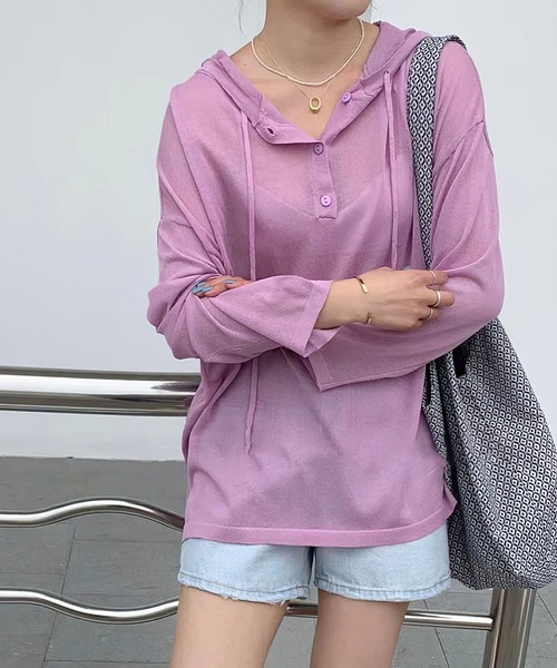 me+em select(ミームセレクト)の「【数量限定販売】フーディビッグカラーシースルーニット(ニット/セーター・レディース・ブラック/ホワイト/ピンク/パープル/オレンジ/ミント/イエロー・FREE)」の5枚目の写真
