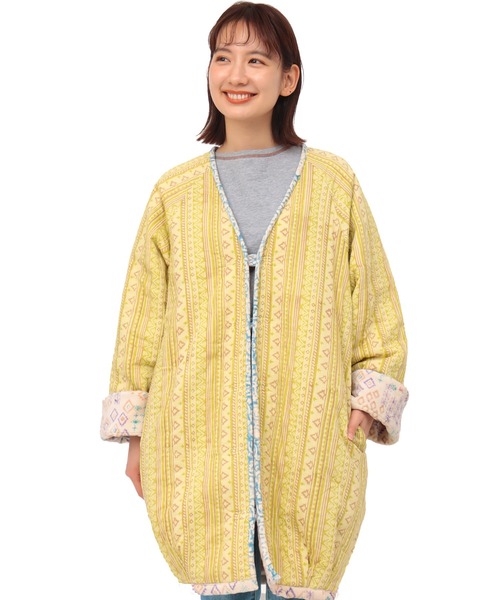 チチカカ(チチカカ)の「エコフレンドリーダイ ベロアキカブロックプリントブルゾン(ノーカラーコート・レディース・オレンジ/ブルー・FREE)」の13枚目の写真