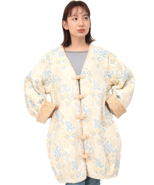 チチカカ(チチカカ)の「エコフレンドリーダイ ベロアキカブロックプリントブルゾン(ノーカラーコート・レディース・オレンジ/ブルー・FREE)」の12枚目の写真