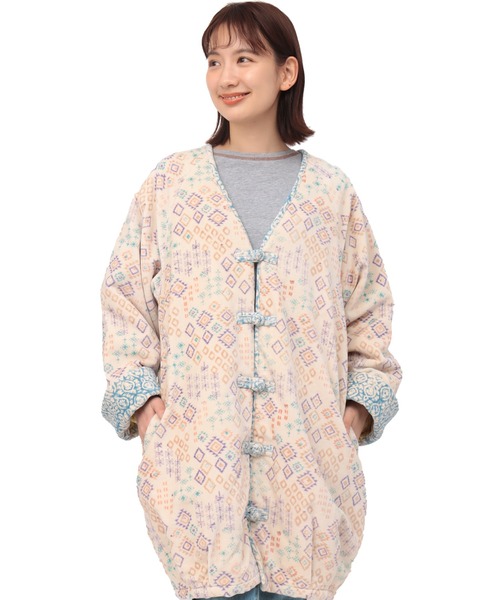 チチカカ(チチカカ)の「エコフレンドリーダイ ベロアキカブロックプリントブルゾン(ノーカラーコート・レディース・オレンジ/ブルー・FREE)」の10枚目の写真