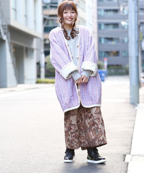 チチカカ(チチカカ)の「エコフレンドリーダイ ベロアキカブロックプリントブルゾン(ノーカラーコート・レディース・オレンジ/ブルー・FREE)」の8枚目の写真