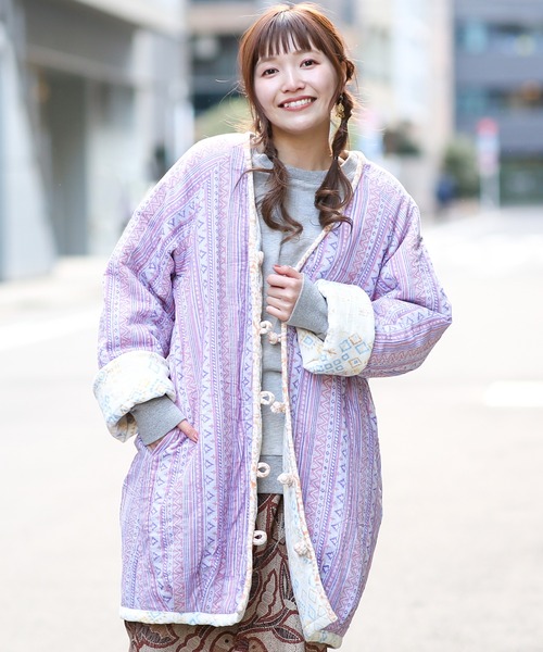 チチカカ(チチカカ)の「エコフレンドリーダイ ベロアキカブロックプリントブルゾン(ノーカラーコート・レディース・オレンジ/ブルー・FREE)」の9枚目の写真