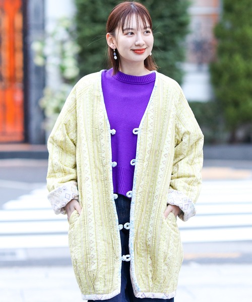 チチカカ(チチカカ)の「エコフレンドリーダイ ベロアキカブロックプリントブルゾン(ノーカラーコート・レディース・オレンジ/ブルー・FREE)」の6枚目の写真