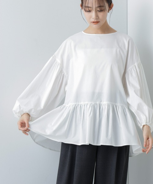 NANO universe（ナノユニバース）の「WEB限定/ペプラム切り替えチュニックブラウス 長袖（シャツ/ブラウス・レディース・ラベンダー/オフホワイト/ブラック・マルチサイズ）」の6枚目の写真