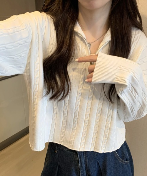 Mayree(メイリー)の「【Mayree】ケーブルデザインハーフジップニット 2021AW(ニット/セーター・レディース・ホワイト/ブラック/ベージュ/ネイビー・FREE)」の1枚目の写真