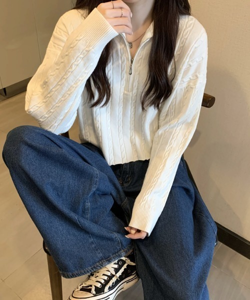 Mayree(メイリー)の「【Mayree】ケーブルデザインハーフジップニット 2021AW(ニット/セーター・レディース・ホワイト/ブラック/ベージュ/ネイビー・FREE)」の8枚目の写真