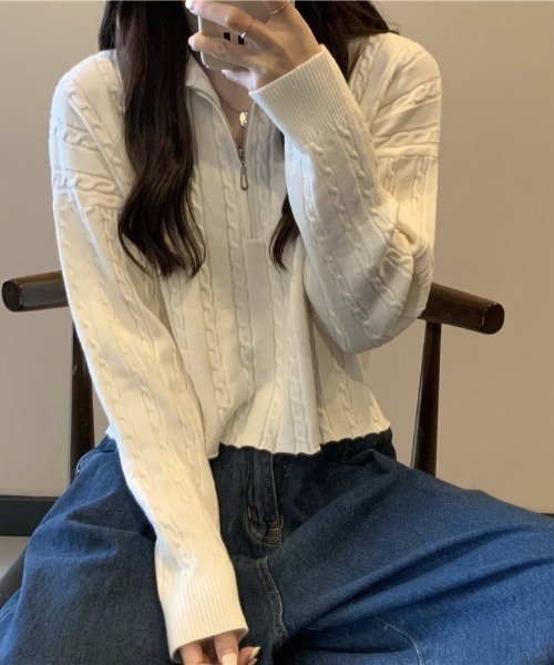 Mayree(メイリー)の「【Mayree】ケーブルデザインハーフジップニット 2021AW(ニット/セーター・レディース・ホワイト/ブラック/ベージュ/ネイビー・FREE)」の18枚目の写真