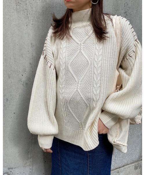 LiSeek（リシーク）の「【LiSeeK】ハンドステッチケーブルニットトップ（ニット/セーター・レディース・アイボリー/ベージュ/ブラック・FREE）」の18枚目の写真