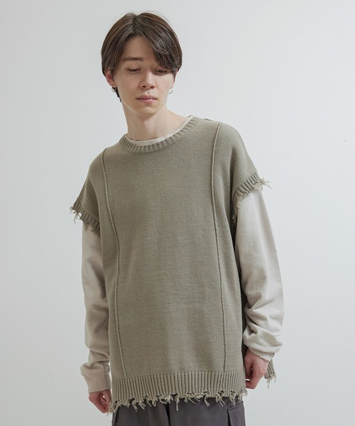 JUNRED(ジュンレッド)の「【トレンドアイテム】ダメージルーズニットベスト(ベスト・メンズ・チャコールグレー/ベージュ系その他/グリーン系その他・S/M/L)」の1枚目の写真