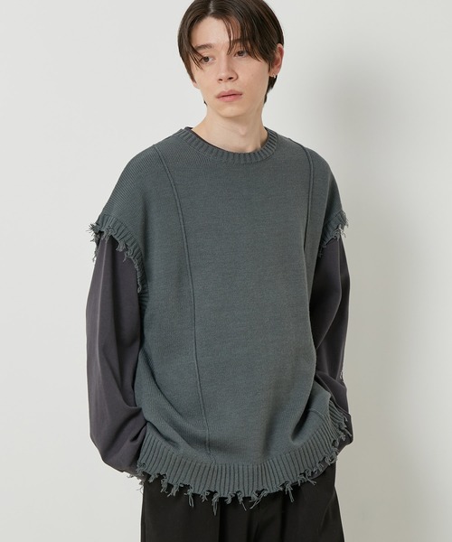 JUNRED(ジュンレッド)の「【トレンドアイテム】ダメージルーズニットベスト(ベスト・メンズ・チャコールグレー/ベージュ系その他/グリーン系その他・S/M/L)」の3枚目の写真