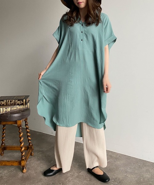 Thevon（ゼボン）の「ブザム切替フレンチワンピース（チュニック・レディース・ブラック/グレイッシュベージュ/ライム/ブルー・FREE）」の4枚目の写真