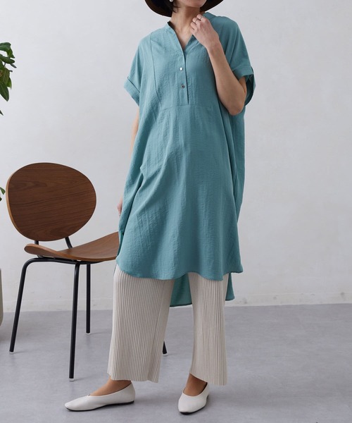 Thevon（ゼボン）の「ブザム切替フレンチワンピース（チュニック・レディース・ブラック/グレイッシュベージュ/ライム/ブルー・FREE）」の5枚目の写真