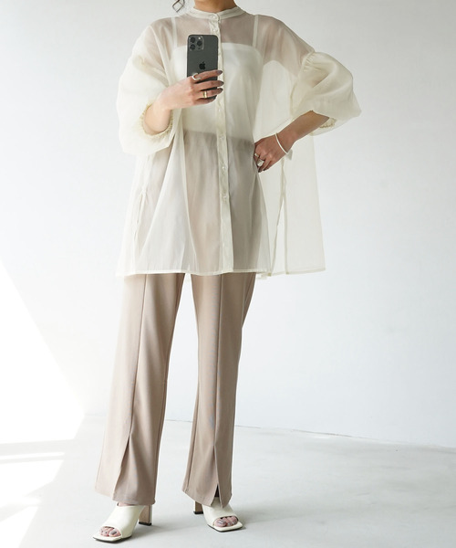 IAMUSE（アイアミューズ）の「【IAMUSE】オーガンジーバックギャザーブラウス S0658（シャツ/ブラウス・レディース・グレー/オフホワイト/グリーン・FREE）」の7枚目の写真