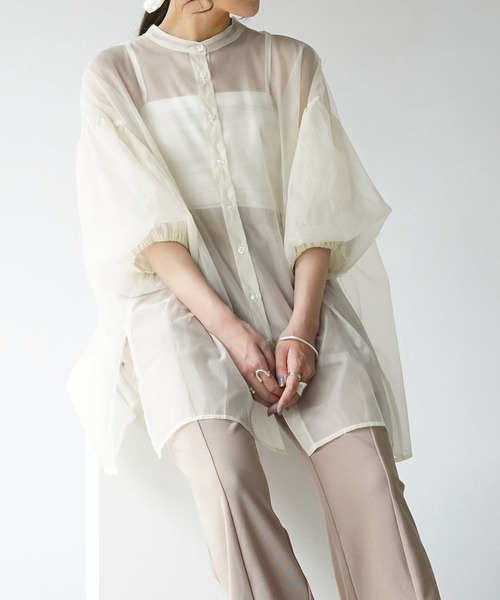 IAMUSE（アイアミューズ）の「【IAMUSE】オーガンジーバックギャザーブラウス S0658（シャツ/ブラウス・レディース・グレー/オフホワイト/グリーン・FREE）」の8枚目の写真