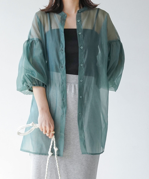 IAMUSE（アイアミューズ）の「【IAMUSE】オーガンジーバックギャザーブラウス S0658（シャツ/ブラウス・レディース・グレー/オフホワイト/グリーン・FREE）」の19枚目の写真