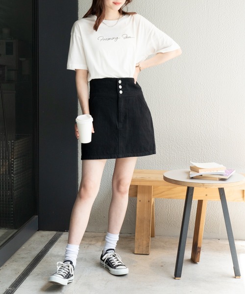 WEGO（ウィゴー）の「WEGO/ハイウエストミニスカート（デニムスカート・レディース・ブラック/ライトインディゴブルー・SMALL/MEDIUM）」の3枚目の写真