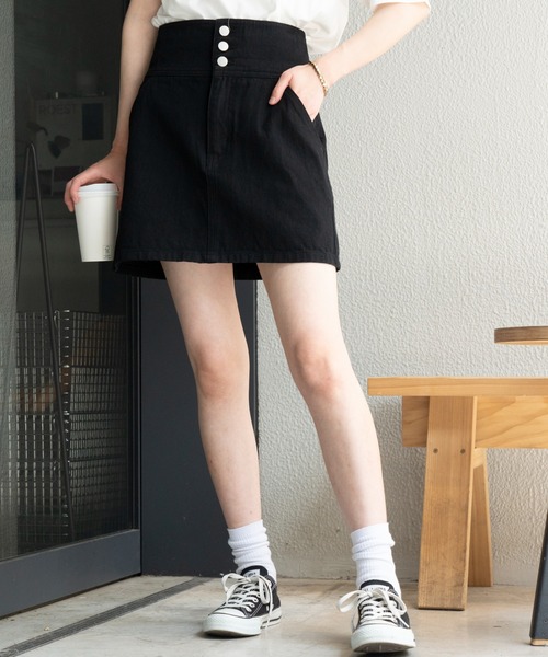 WEGO（ウィゴー）の「WEGO/ハイウエストミニスカート（デニムスカート・レディース・ブラック/ライトインディゴブルー・SMALL/MEDIUM）」の4枚目の写真