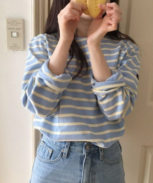 at12:03(アットイチニーゼロサン)の「バイカラーボーダー ボートネックTシャツ(Tシャツ/カットソー・レディース・ピンク/オレンジ/ブルー/グリーン・FREE)」の11枚目の写真
