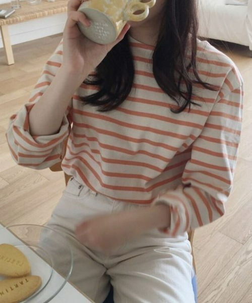 at12:03(アットイチニーゼロサン)の「バイカラーボーダー ボートネックTシャツ(Tシャツ/カットソー・レディース・ピンク/オレンジ/ブルー/グリーン・FREE)」の20枚目の写真