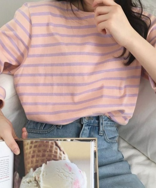 at12:03(アットイチニーゼロサン)の「バイカラーボーダー ボートネックTシャツ(Tシャツ/カットソー・レディース・ピンク/オレンジ/ブルー/グリーン・FREE)」の16枚目の写真