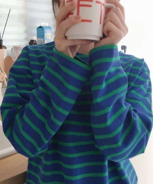 at12:03(アットイチニーゼロサン)の「バイカラーボーダー ボートネックTシャツ(Tシャツ/カットソー・レディース・ピンク/オレンジ/ブルー/グリーン・FREE)」の6枚目の写真