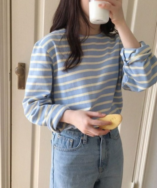 at12:03(アットイチニーゼロサン)の「バイカラーボーダー ボートネックTシャツ(Tシャツ/カットソー・レディース・ピンク/オレンジ/ブルー/グリーン・FREE)」の10枚目の写真