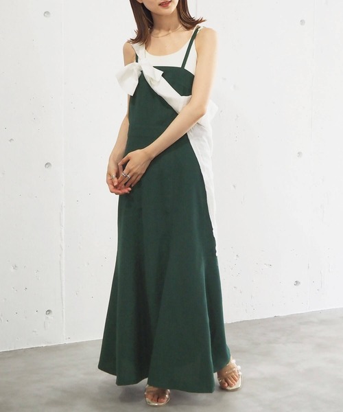 tiptop（ティップトップ）の「リネンタッチマーメイドジャンパースカート（ジャンパースカート・レディース・ブラック/ブラウン/グリーン/ダークオレンジ/ブルー/ダークブラウン・FREE）」の4枚目の写真