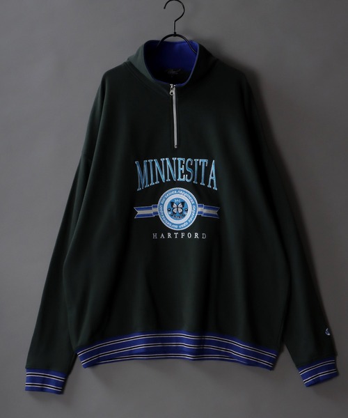 SITRY(シトリー)の「Big silhouette half zip rib line print sweat shirt / ビッグシルエット ハーフジップ リブライン プリント スウェットシャツ(スウェット・メンズ・ブラック/ダークグリーン/パープル/杢グレー/ロイヤルブルー・M/L)」の2枚目の写真