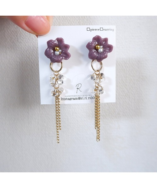 R】レジンフラワー×ゴールドチェーンピアス(MA)（ピアス（両耳用