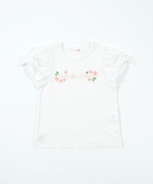 チェックシフォン袖のロゴ半袖Tシャツ(100～130)