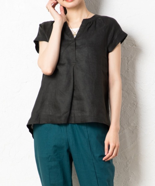 aunt lily(アントリリー)の「フレンチリネンフロントギャザー切替プルオーバー(シャツ/ブラウス・レディース・チャコールグレー/ライトブルー/オレンジ・7号/9号/11号/13号/15号)」の1枚目の写真