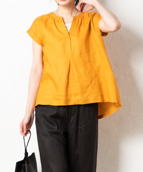 aunt lily(アントリリー)の「フレンチリネンフロントギャザー切替プルオーバー(シャツ/ブラウス・レディース・チャコールグレー/ライトブルー/オレンジ・7号/9号/11号/13号/15号)」の3枚目の写真