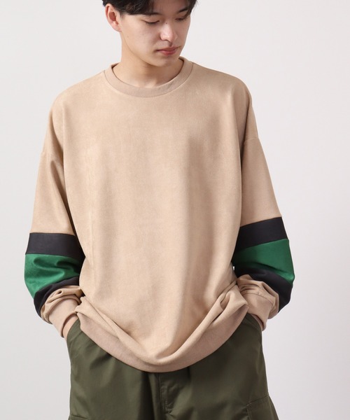 ATELANE(アテレーン)の「ATELANE スウェードポンチパネル切替クルーネック 長袖(Tシャツ/カットソー・メンズ・ブラック/ブラック系その他/ベージュ/アイボリー系/アイボリー・M/L)」の4枚目の写真