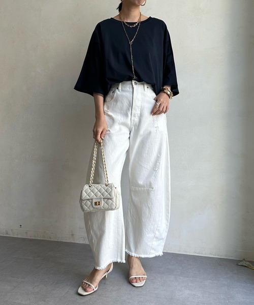 DouDou（ドゥドゥ）の「【WEB限定】袖チュール前後2WAYロゴTEE（Tシャツ/カットソー・レディース・オフホワイト/グリーン/ネイビー・FREE）」の10枚目の写真