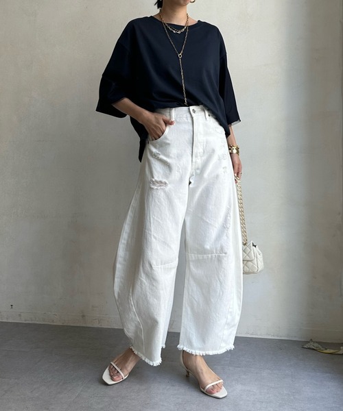 DouDou（ドゥドゥ）の「【WEB限定】袖チュール前後2WAYロゴTEE（Tシャツ/カットソー・レディース・オフホワイト/グリーン/ネイビー・FREE）」の11枚目の写真