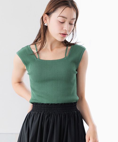 mysty woman（ミスティウーマン）の「ストリング前後2WAYリブニットタンク 197417（ニット/セーター・レディース・オフホワイト/オレンジ系その他/グレイッシュブルー/モカ/ブラック/イエロー/グリーン/ライトグリーン/グリーン系その他/ピンク・FREE）」の4枚目の写真