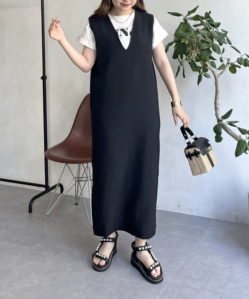 prose verse（プロズヴェール）の「メランジVネックワンピース（ジャンパースカート・レディース・ブラック/グレー・MEDIUM）」の4枚目の写真