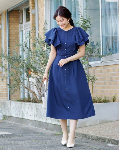 【新品】　タグ付き　pinue フレアスリーブワンピース　シャツワンピ　フリル袖 pinue フレアスリーブシャツワンピース - メルカリ