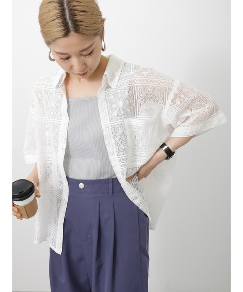 Samansa Mos2 blue（サマンサモスモスブルー）の「レースシャツ（シャツ/ブラウス・レディース・キナリ/オフホワイト/ブラック・F）」の2枚目の写真