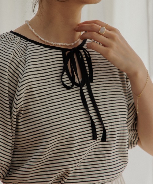 flower（フラワー）の「ネックリボンボーダーティーズ（Tシャツ/カットソー・レディース・ブラック/ベージュ・FREE）」の16枚目の写真