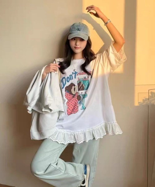 LAC-VERT(ラック・ヴェール)の「オーバーサイズベアTシャツ(Tシャツ/カットソー・レディース・ホワイト/グレー/チャコールグレー/ネイビー/ピンク・FREE)」の7枚目の写真