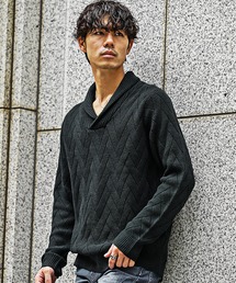 変わり編みショールカラーニット メンズ ニットセーター ホワイト ブラック 春服