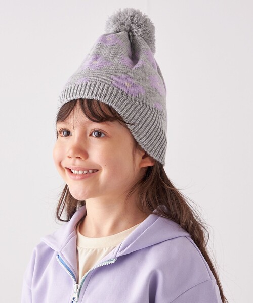 Casselini(キャセリーニ)の「Casselini: ジャカード ニット フラワー柄 ニット ワッチ キャップ<KIDS>(ニットキャップ/ビーニー・キッズ・グレー/ライトブルー・ONE SIZE)」の3枚目の写真