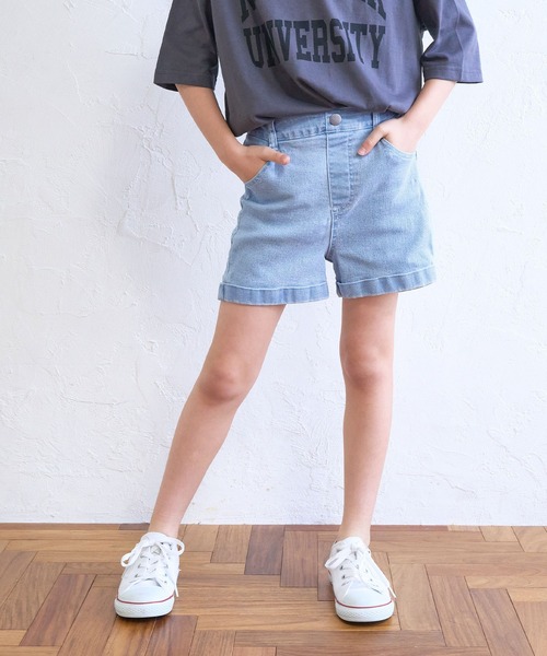 coca（coca）（コカ）の「キッズ ロールアップデニムショートパンツ（デニムパンツ）」 - WEAR Rolanko ガールズ デニム ショーティ ショーツ ゴムウエスト キッズ サマー ジーンズ ショーツ 4-14歳