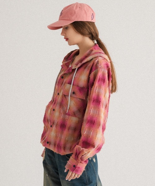 WISH FOR EVER（ウィッシュフォーエバー）の「DRAWCODE CHECK SHIRT HOODIE/ドローコードチェックシャツフーディ（シャツ/ブラウス・メンズ・ネイビー/ピンク/レッド・MEDIUM/LARGE）」の18枚目の写真